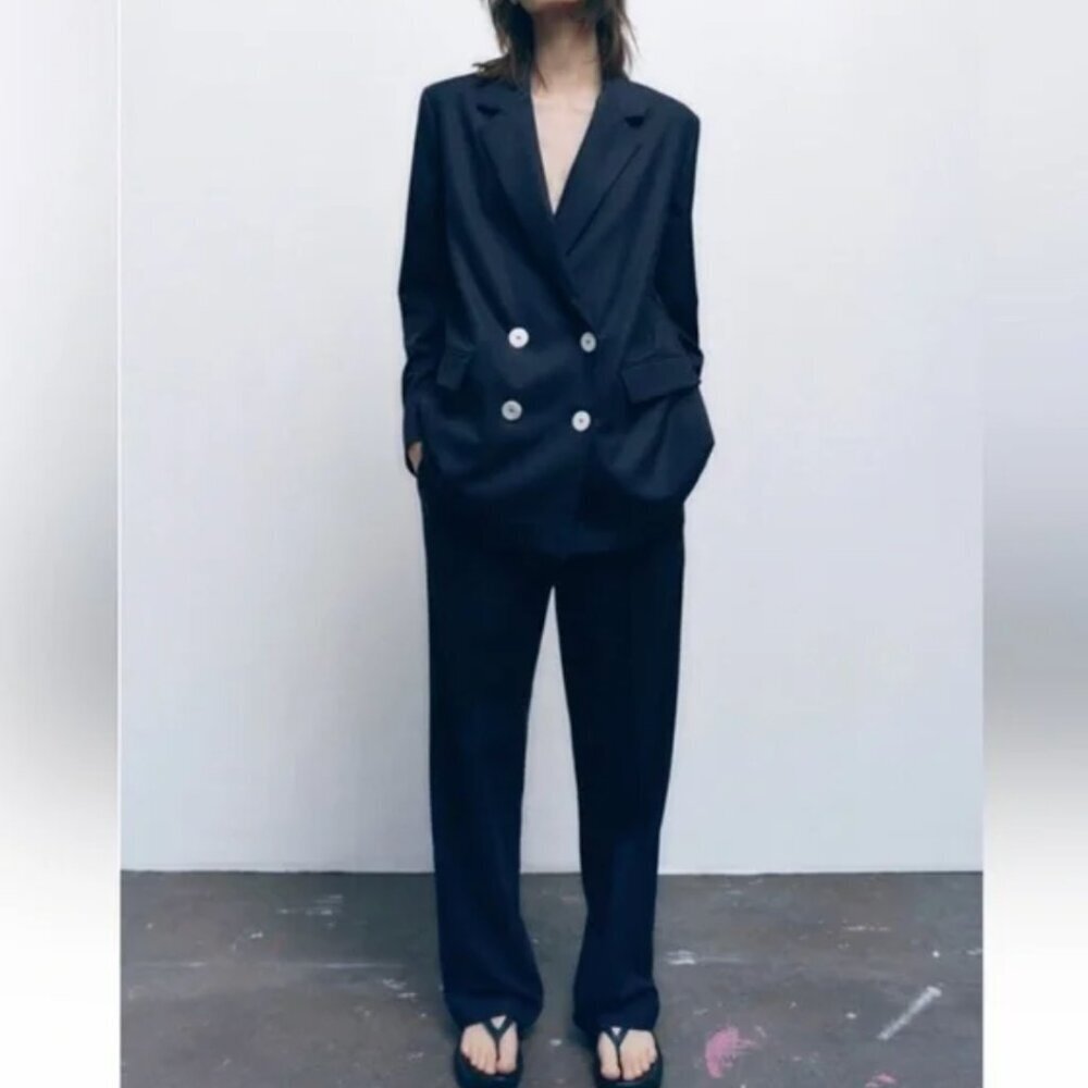 ZARA NAVY BLUE DOUBLE BREASTED LONG MINIMALIST BLAZER JACKET Medium